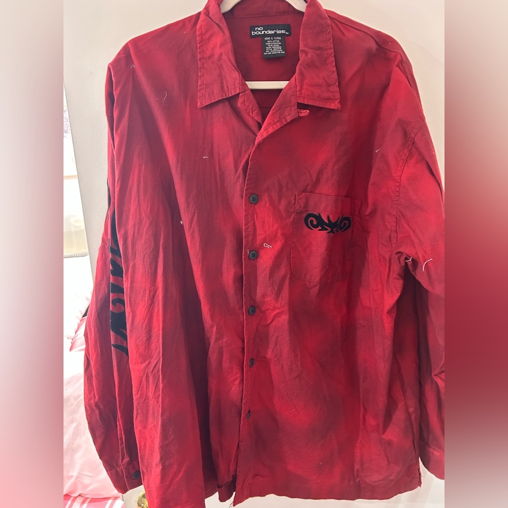Men’s XL No Boundaries Red Button-Up Shirt with Black Embroidery